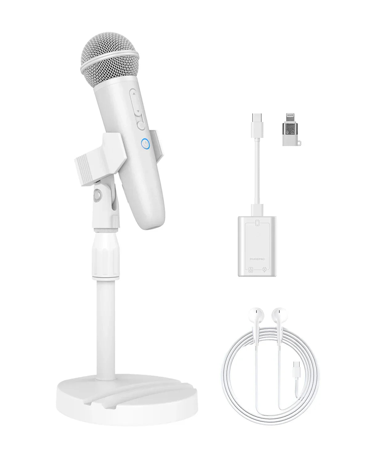 White usb-c record microphone with mesh grille and adjustable stand featuring earphone feedback karaoke for spotify smule youtube