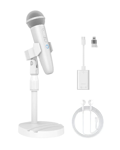White usb-c record microphone with mesh grille and adjustable stand featuring earphone feedback karaoke for spotify smule youtube