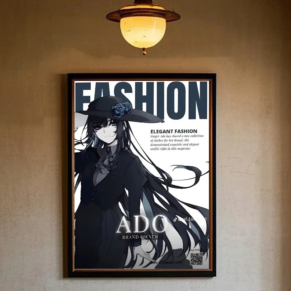 Black-framed fashion magazine poster featuring anime-style woman in black attire with blue rose hat for living room decor
