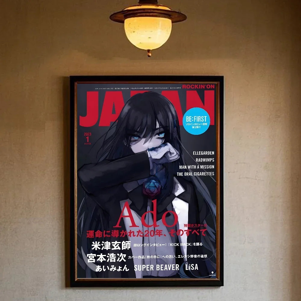 A framed singer ado poster featuring a black-haired anime character in a dark suit on a red and gray canvas print