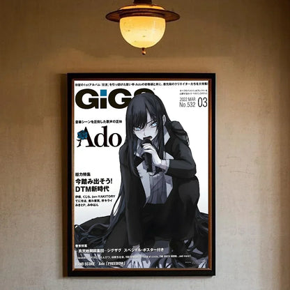 Black-framed singer ado poster featuring anime illustration on canvas print for living room wall art decoration