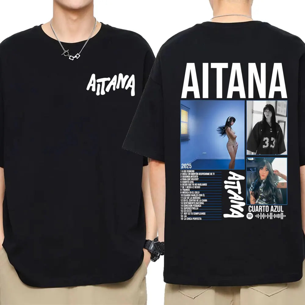 Black short-sleeved 100% cotton t-shirt featuring white aitana text and cuarto azul tour tracklist in harajuku fashion aesthetic