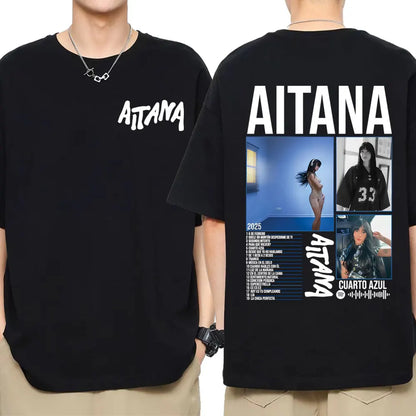 Black short sleeve cotton t-shirt featuring white aitana text and back graphic with singer aitana cuarto tracklist design