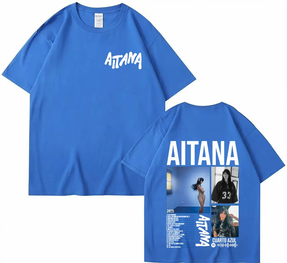 Blue cotton short sleeve t-shirt featuring singer aitana cuarto text front and cuarto azul tour graphic back harajuku fashion aesthetic