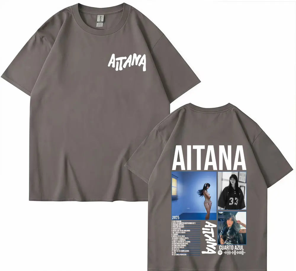 A dark gray cotton short sleeve t-shirt with white aitana lettering front and cuarto azul tour back graphic print
