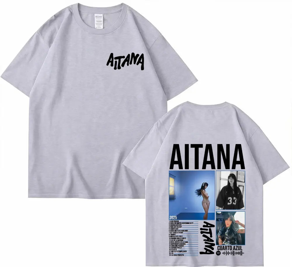 Light gray 100 percent cotton singer aitana cuarto aesthetic short sleeve t-shirt with front text and back tour graphic