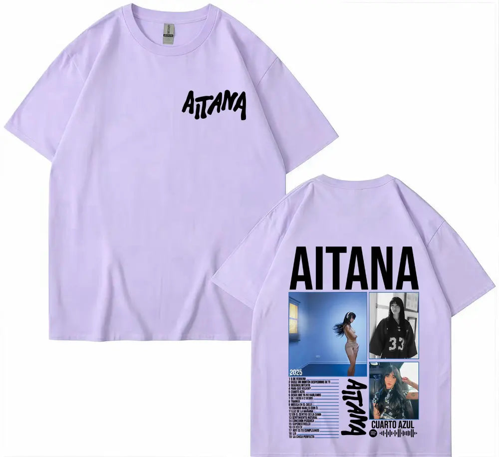 Light purple cotton t-shirt with black aitana text front and detailed cuarto azul tour graphic back harajuku fashion aesthetic