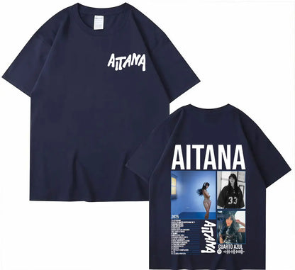 Dark navy blue cotton t shirt with singer aitana cuarto white lettering front and cuarto azul tour graphic back harajuku fashion aesthetic