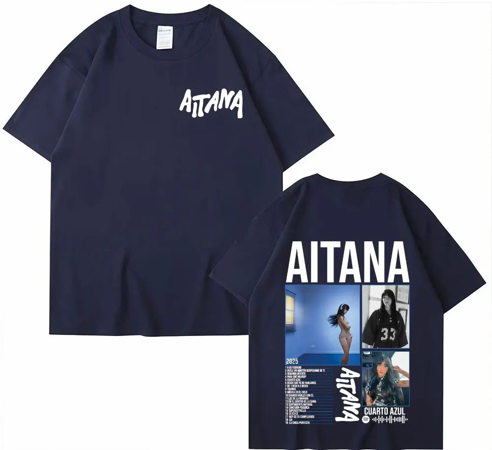 Dark navy blue cotton short sleeve t-shirt featuring singer aitana cuarto tour graphics for women harajuku fashion