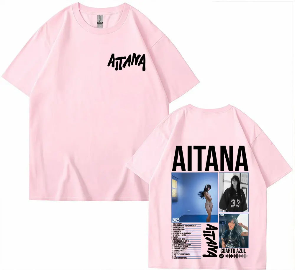 Pink cotton singer aitana cuarto tour t shirt with black text front and detailed graphic back for women harajuku fashion