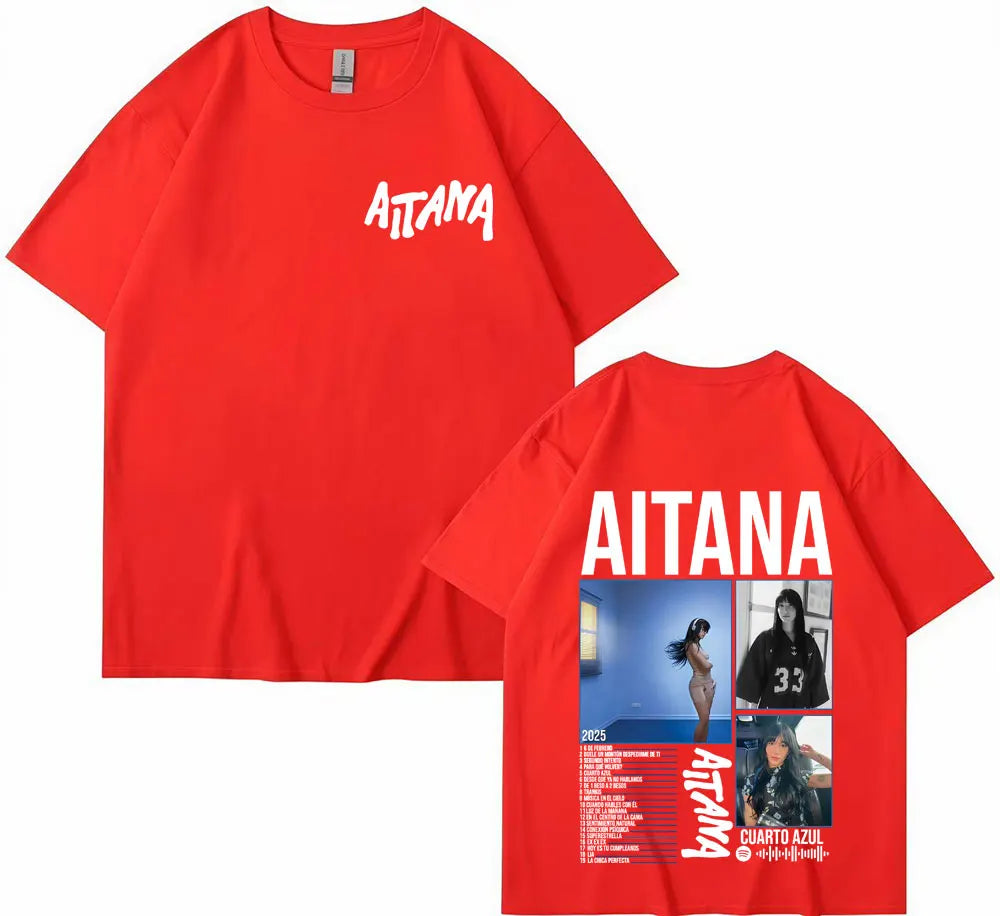 Red cotton singer aitana cuarto tour t-shirt featuring white aitana lettering front and detailed graphic back for women harajuku fashion