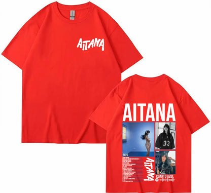 Red cotton singer aitana cuarto tour t-shirt featuring white aitana lettering front and detailed graphic back for women harajuku fashion