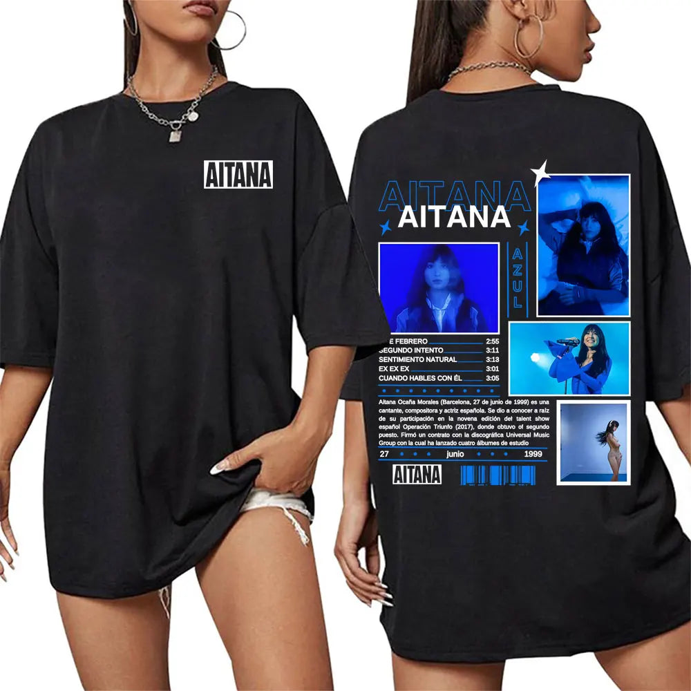 Black oversized cotton t-shirt dress with singer aitana cuarto blue-toned graphic print for women harajuku fashion aesthetic short sleeve