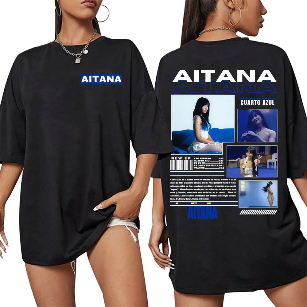 Black oversized t-shirt dress with singer aitana cuarto graphic print and multiple photos on the back in 100% cotton