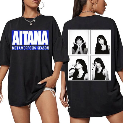 Black oversized cotton t-shirt featuring singer aitana cuarto text front and black-and-white photo collage back from cuarto azul tour harajuku fashion aesthetic