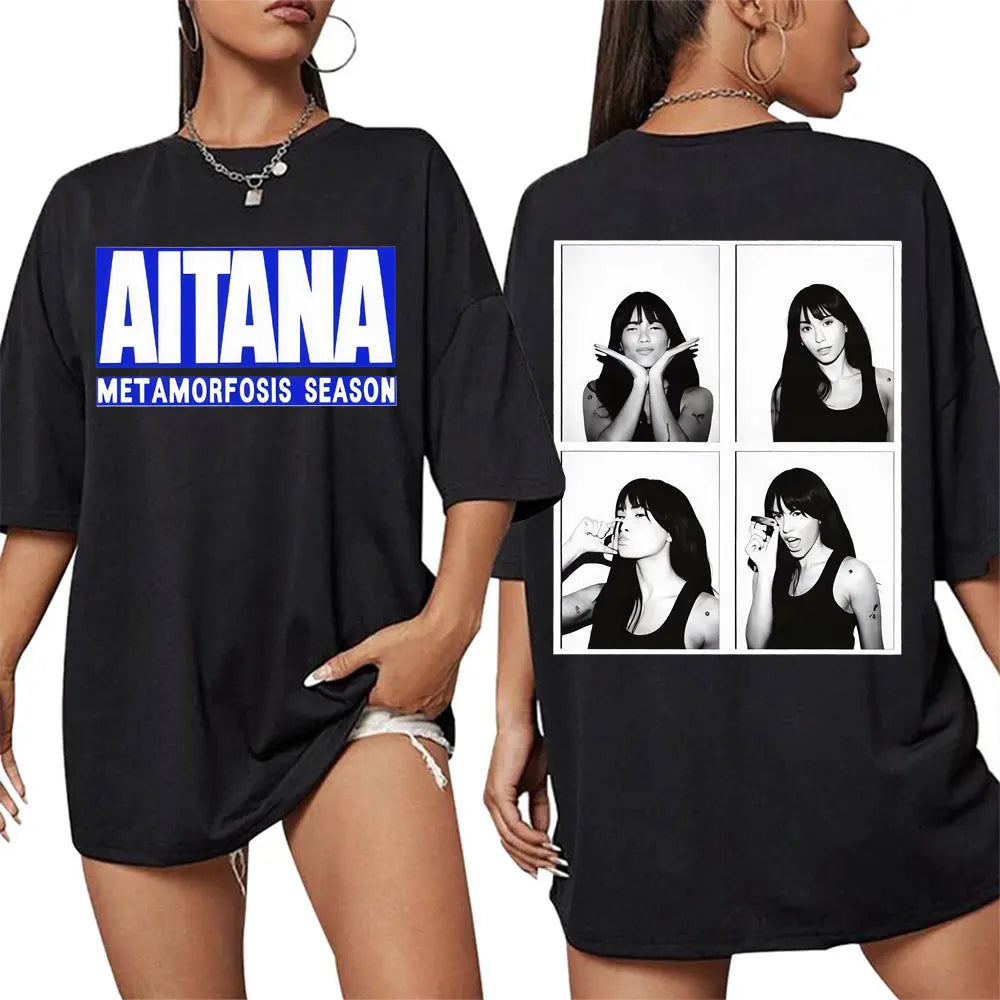 Black oversized cotton t-shirt with bold white aitana text front and four-panel photo collage back for women harajuku fashion