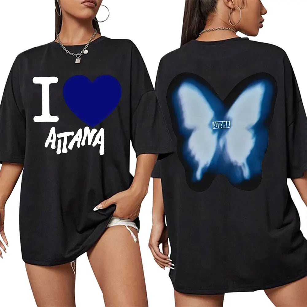 Black oversized cotton t-shirt with i heart attana graphic front and glowing blue butterfly back in harajuku fashion aesthetic