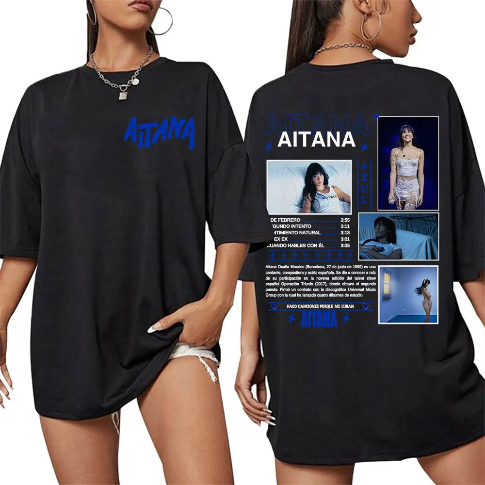 Black oversized cotton t-shirt with blue aitana text and artist photos on back for singer aitana cuarto azul tour harajuku fashion aesthetic