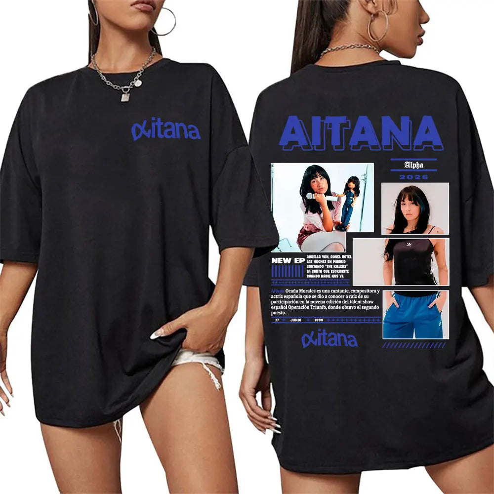 Black oversized cotton t-shirt dress featuring singer aitana cuarto azul tour graphic print in harajuku fashion aesthetic