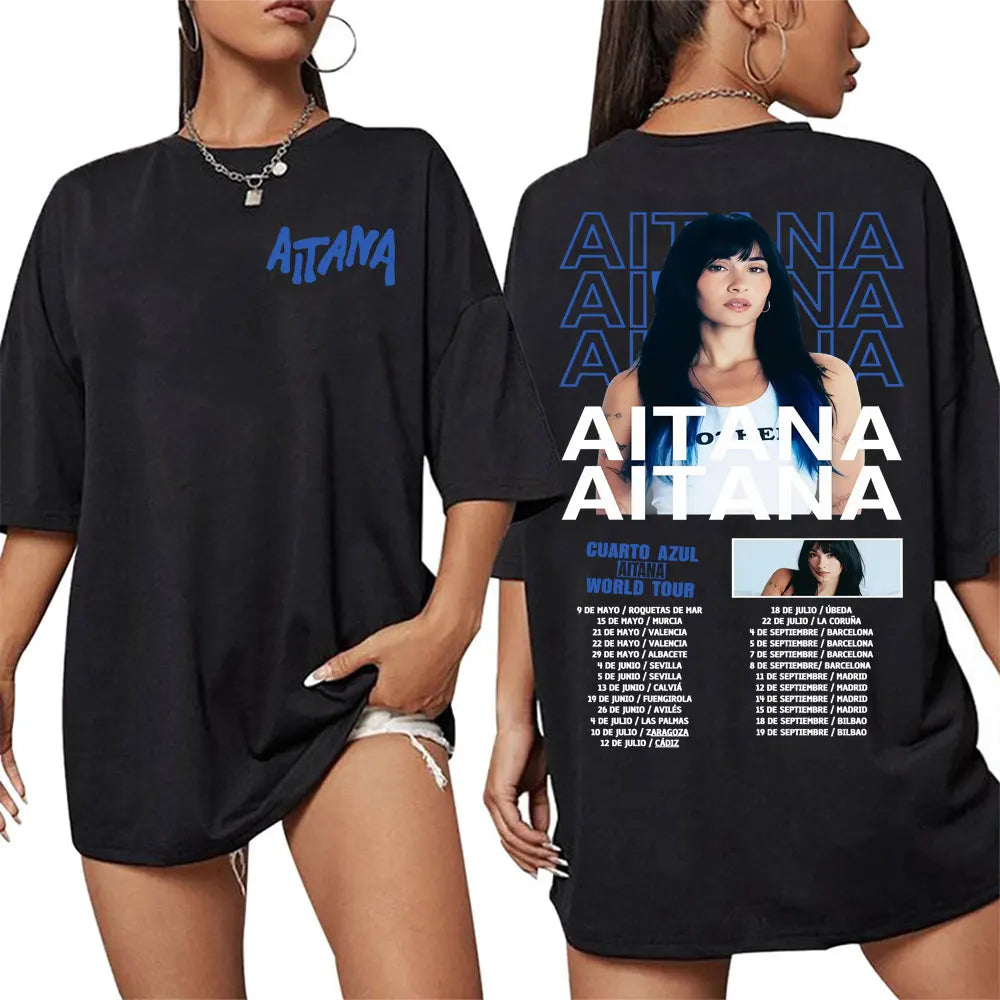 Black oversized 100% cotton t-shirt featuring singer Aitana Cuarto azul tour graphic in blue white harajuku fashion aesthetic