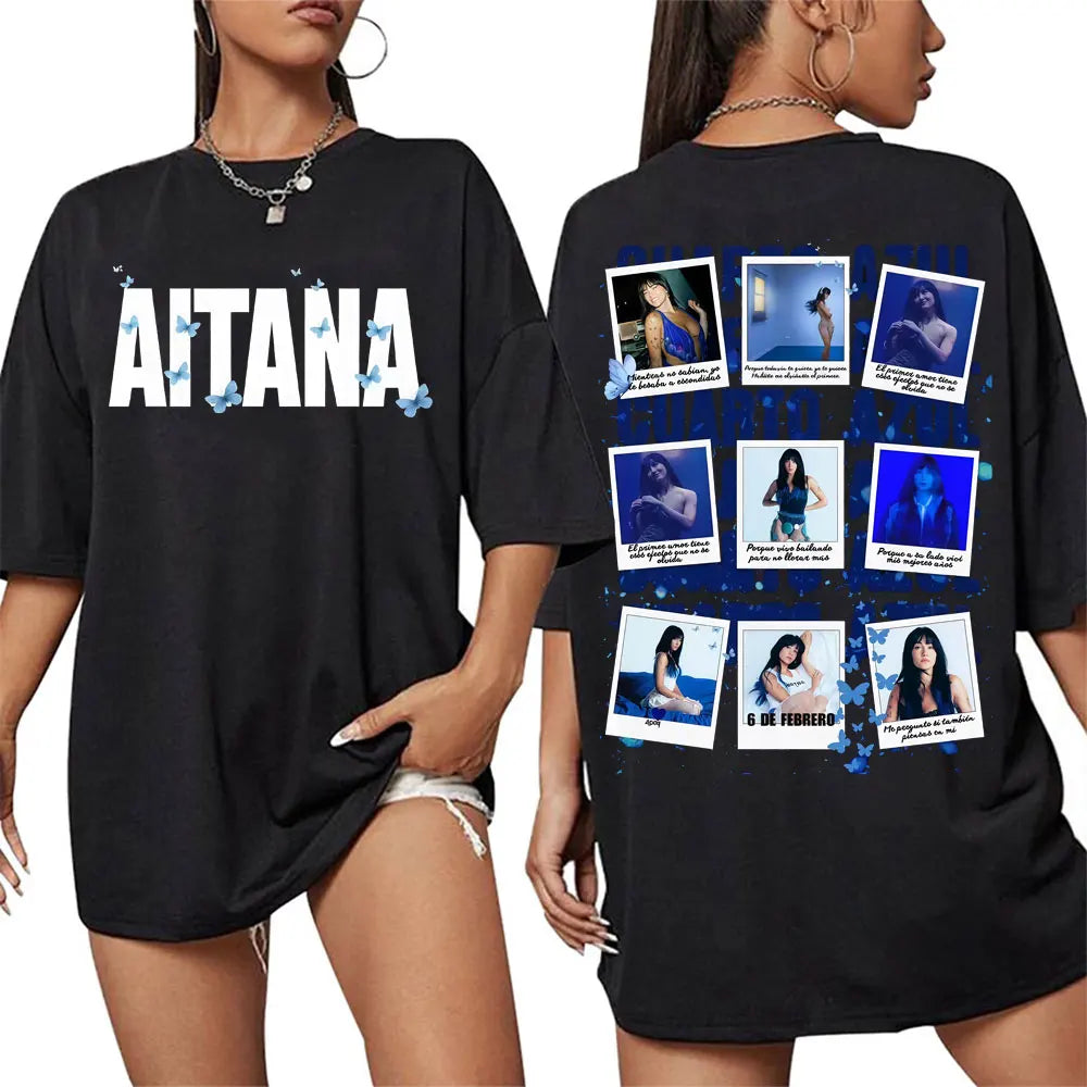 Black oversized cotton t-shirt dress featuring singer Aitana Cuarto Azul tour graphics with blue butterfly and photo collage back in Harajuku fashion aesthetic