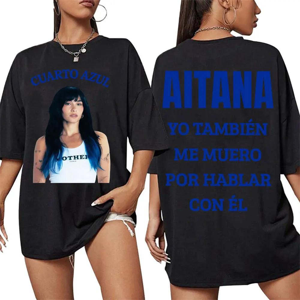 Black oversized t-shirt dress with singer aitana cuarto blue hair graphic and bold text for women harajuku fashion aesthetic short sleeve