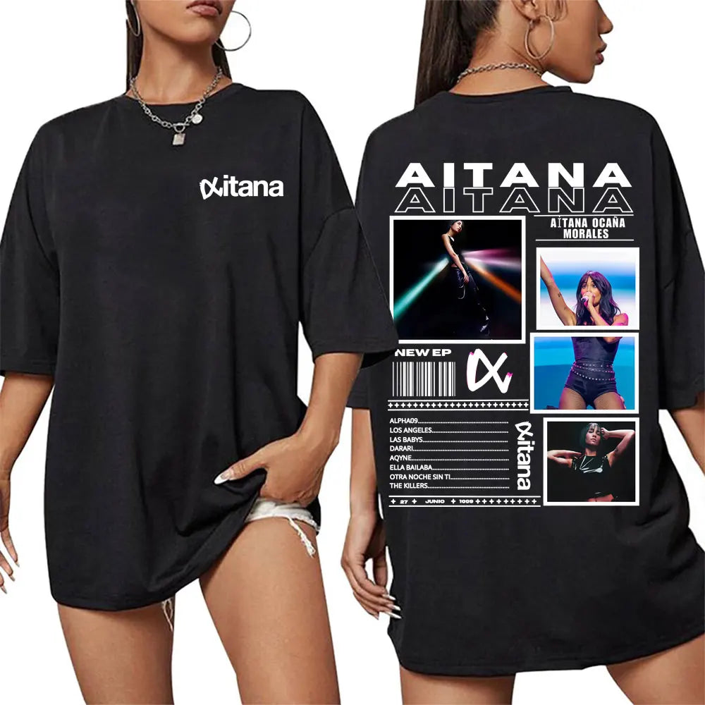 Black oversized cotton t-shirt with aitana cuarto azul tour graphic print featuring harajuku fashion aesthetic design