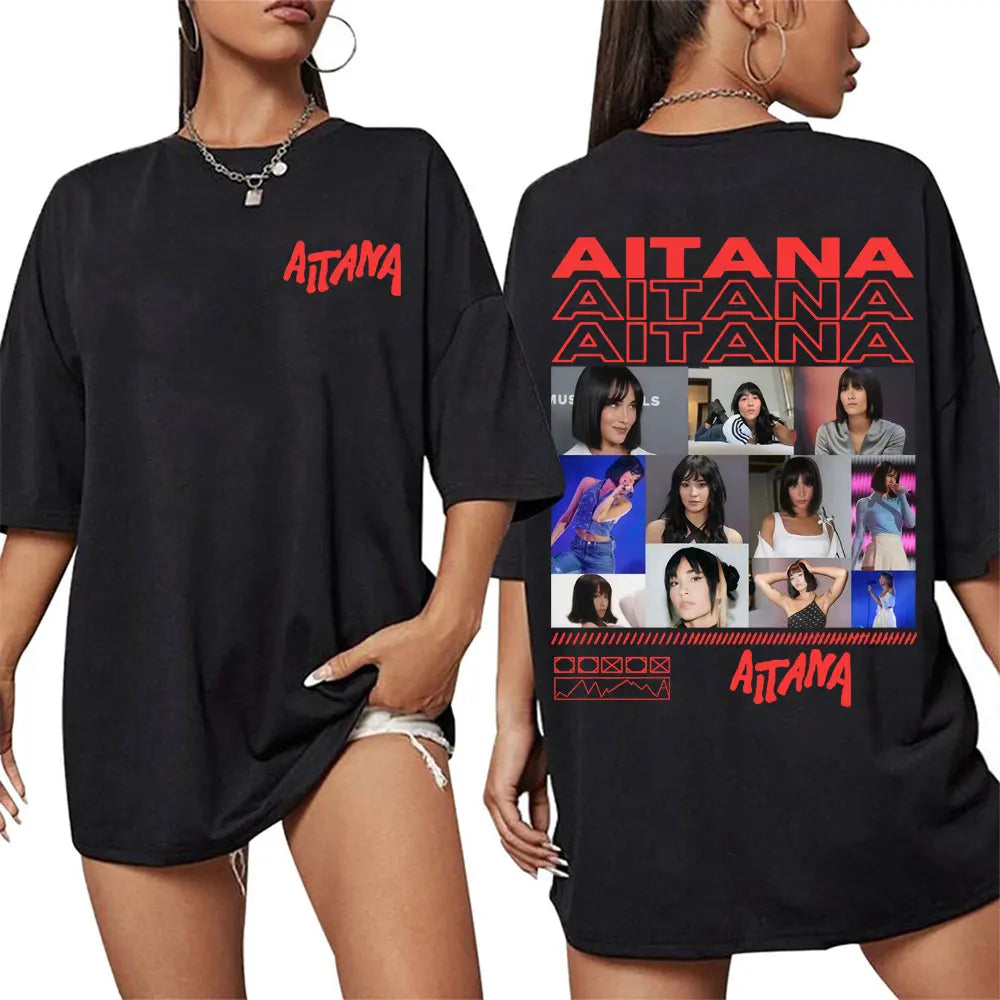 Black oversized 100% cotton t-shirt with bold red aitana graphic front and photo collage back from cuarto azul tour
