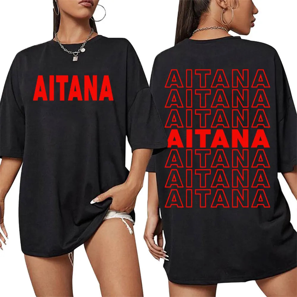 Black oversized cotton t-shirt with bold red aitana lettering on front and back for women harajuku fashion aesthetic short sleeve