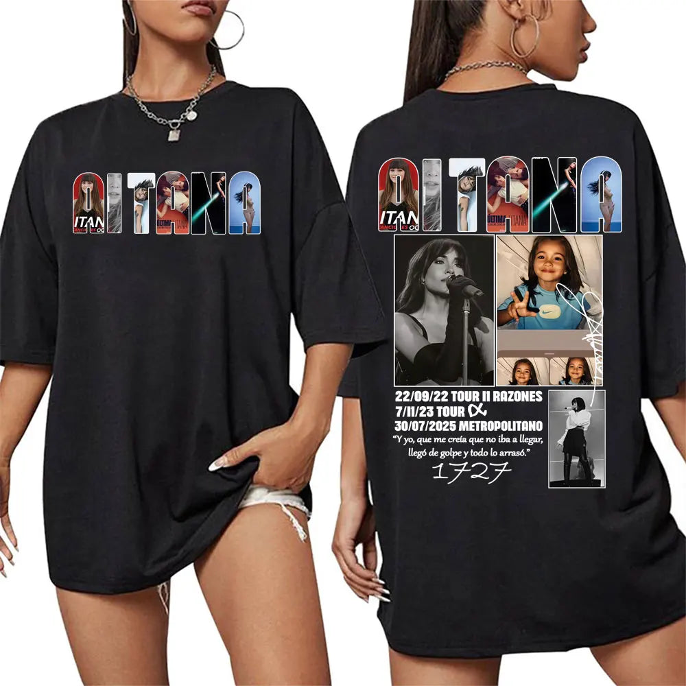 Black oversized 100% cotton t-shirt with singer aitana cuarto azul tour graphics and harajuku fashion aesthetic design