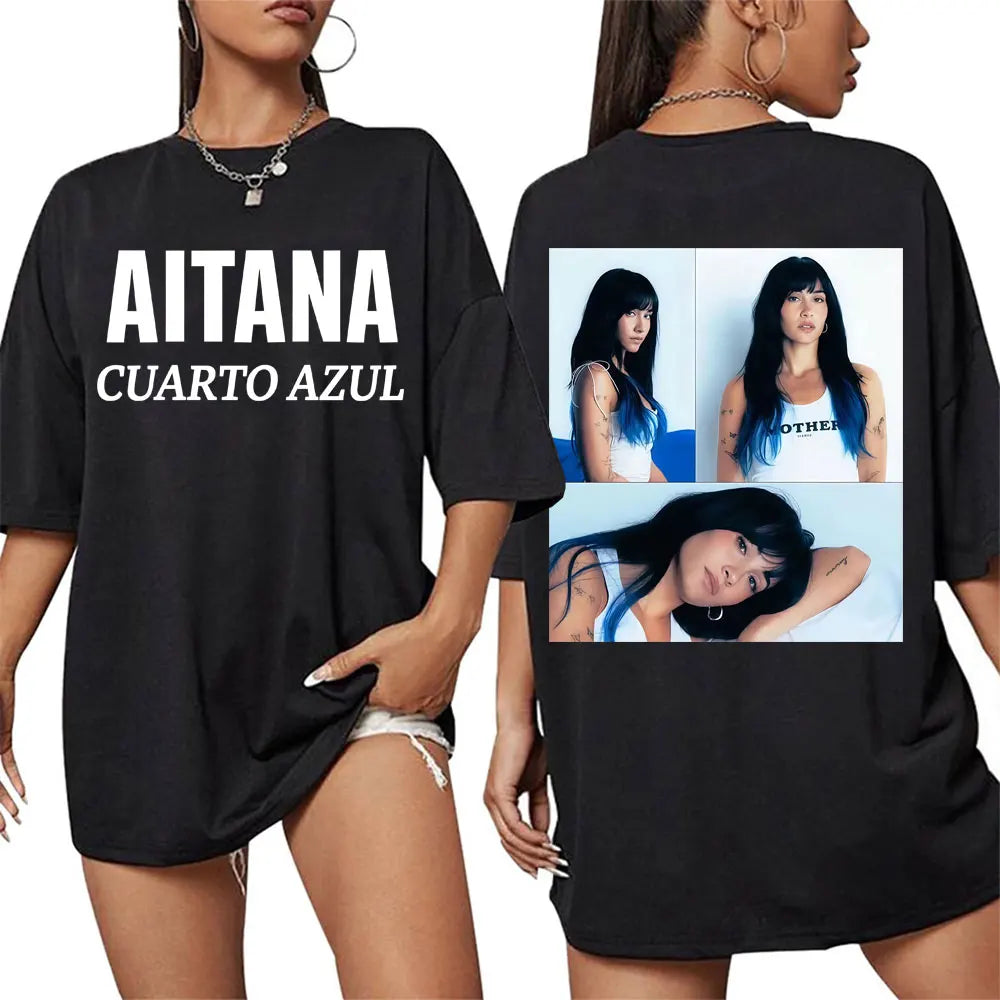 Black oversized cotton t-shirt with bold white singer aitana cuarto text front and photographic collage back harajuku fashion aesthetic