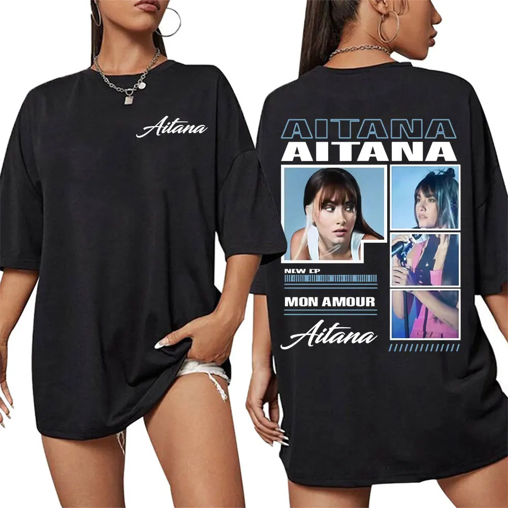 Black oversized cotton t-shirt featuring singer aitana cuarto graphic print and cuarto azul tour design in harajuku fashion aesthetic