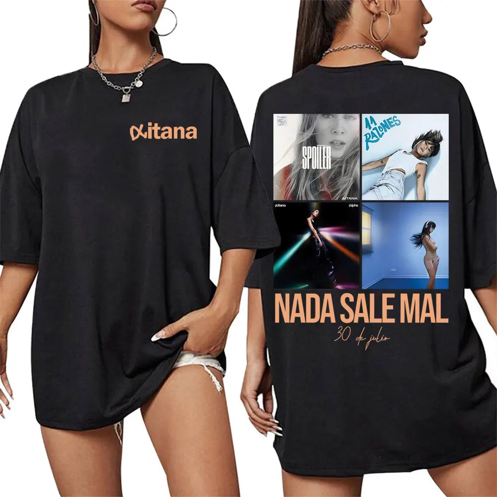 Black oversized 100% cotton t-shirt featuring orange text and cuarto azul tour album art collage on the back harajuku fashion aesthetic