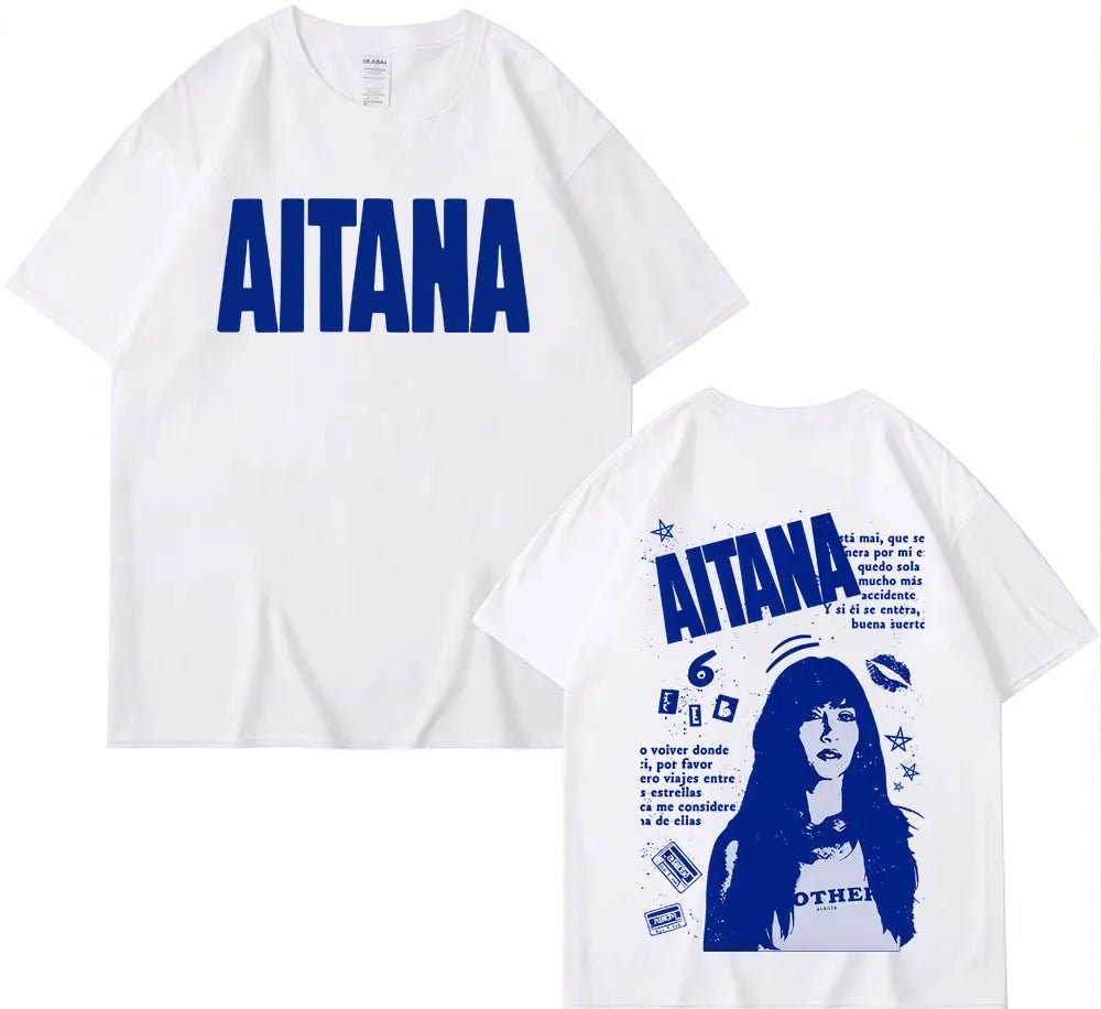 White cotton t-shirt with bold blue aitana lettering front and graphic print back from singer aitana cuarto azul tour harajuku fashion aesthetic