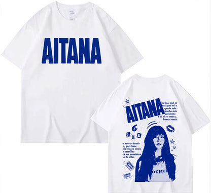 White cotton t-shirt with bold blue aitana lettering front and graphic print back from singer aitana cuarto azul tour harajuku fashion aesthetic