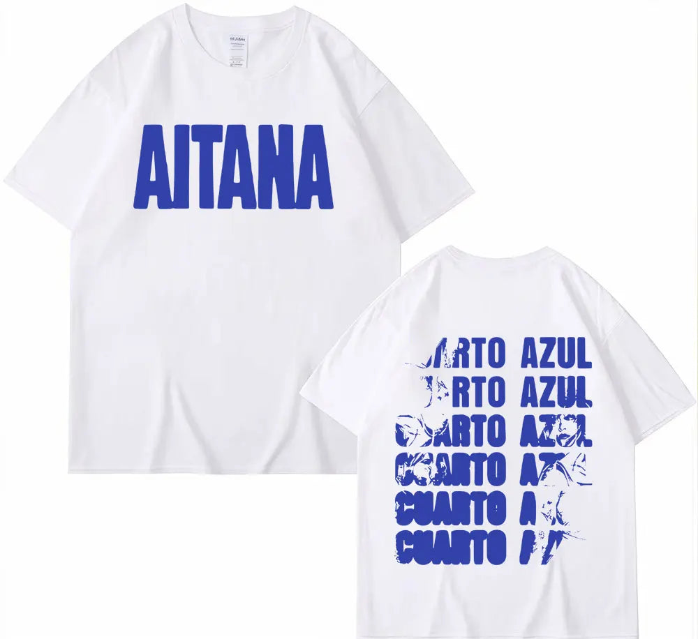 White cotton singer aitana cuarto t-shirt with bold blue aitana lettering and distressed stacked back design for women harajuku fashion aesthetic short sleeve