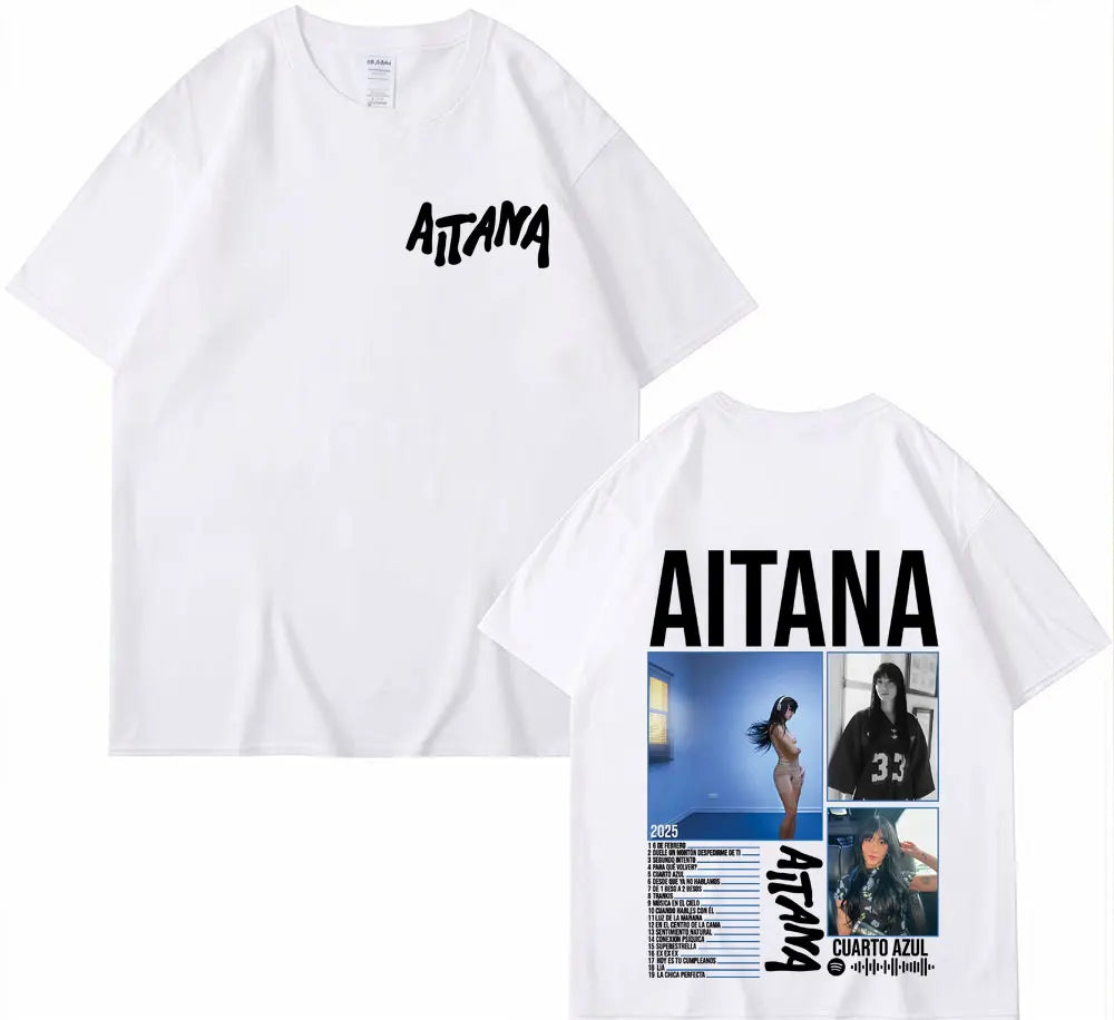 White cotton singer aitana cuarto t-shirt with black text front and graphic print back women harajuku fashion tee