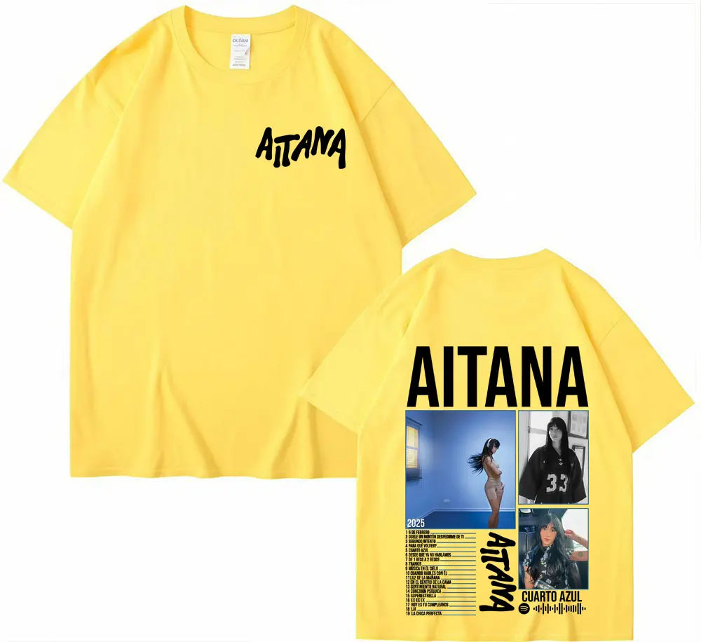 Bright yellow 100% cotton singer aitana cuarto azul tour t shirt with black aitana text front and graphic back harajuku fashion aesthetic