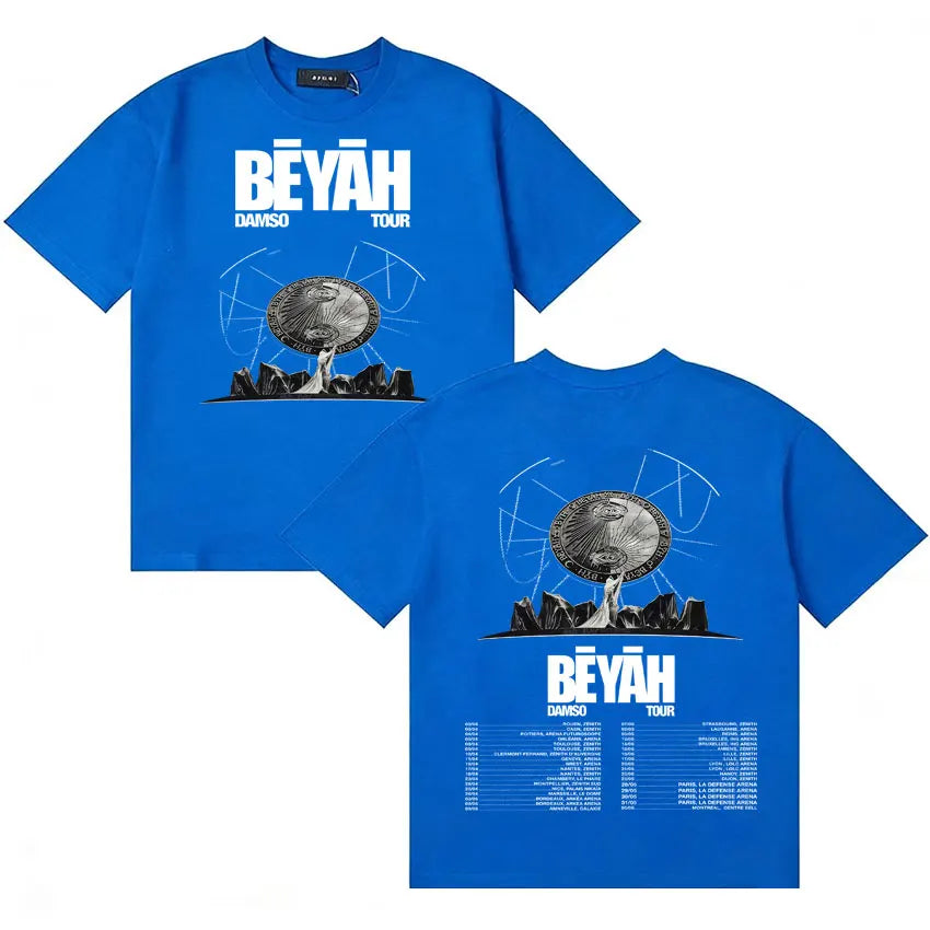 Bright blue oversized hip hop t shirt with cozy cotton y2k fabric featuring singer Damso trendy béyàh tour graphic and text