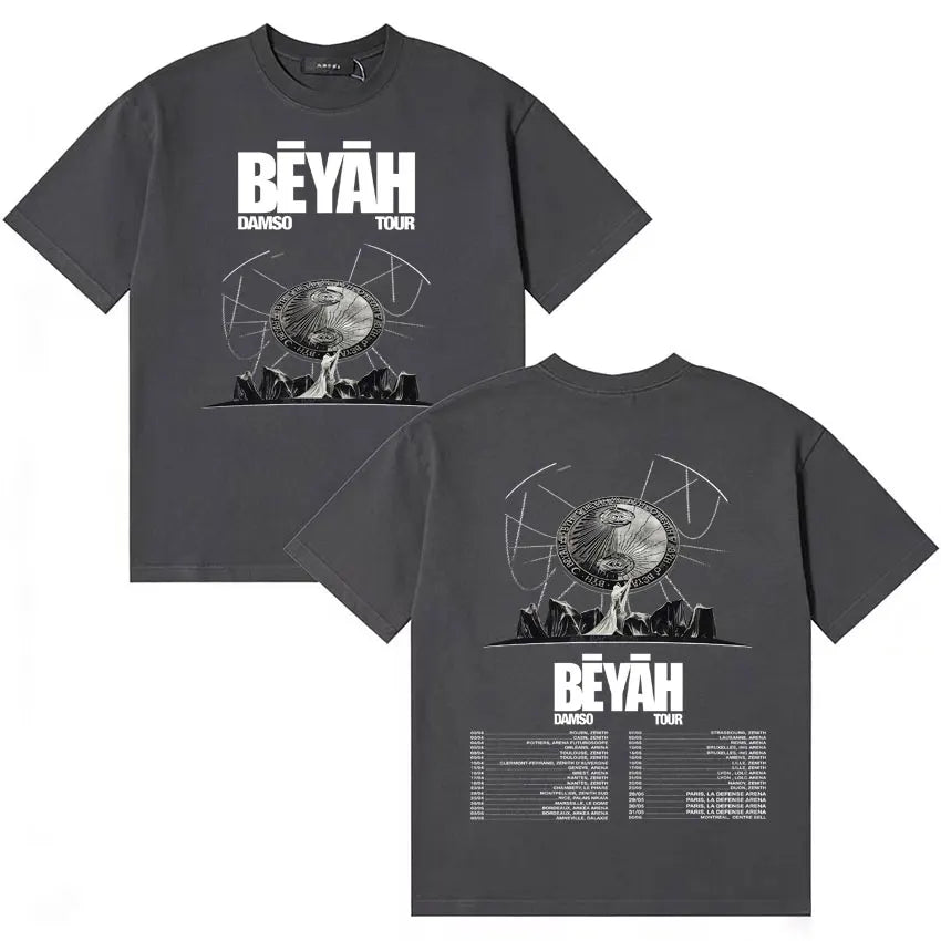 Back of dark gray oversized hip hop t shirt with white singer damso trendy graphic and cozy cotton y2k design