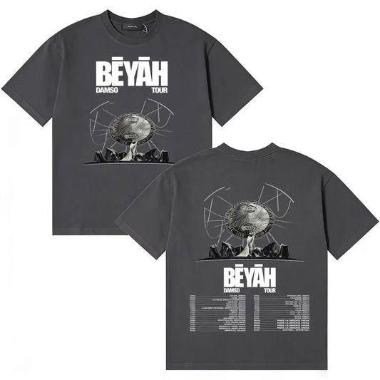 Back of dark gray oversized hip hop t shirt with white singer damso trendy graphic and cozy cotton y2k design