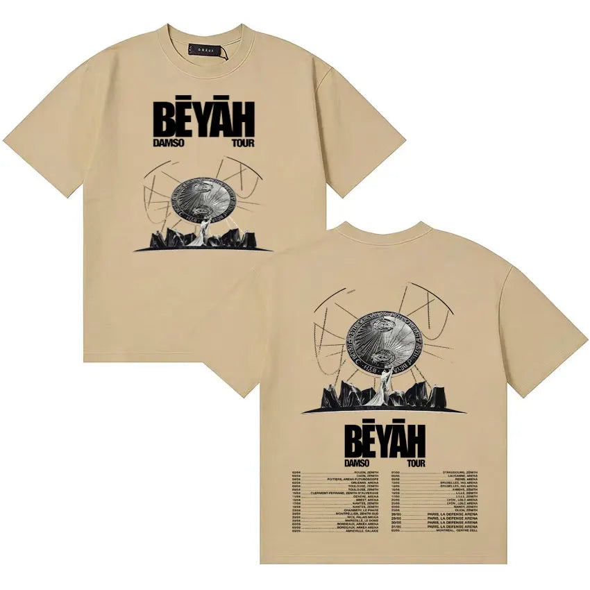 Beige oversized hip hop t shirt with black bêyah damso tour graphic and cozy cotton y2k material, back side shown