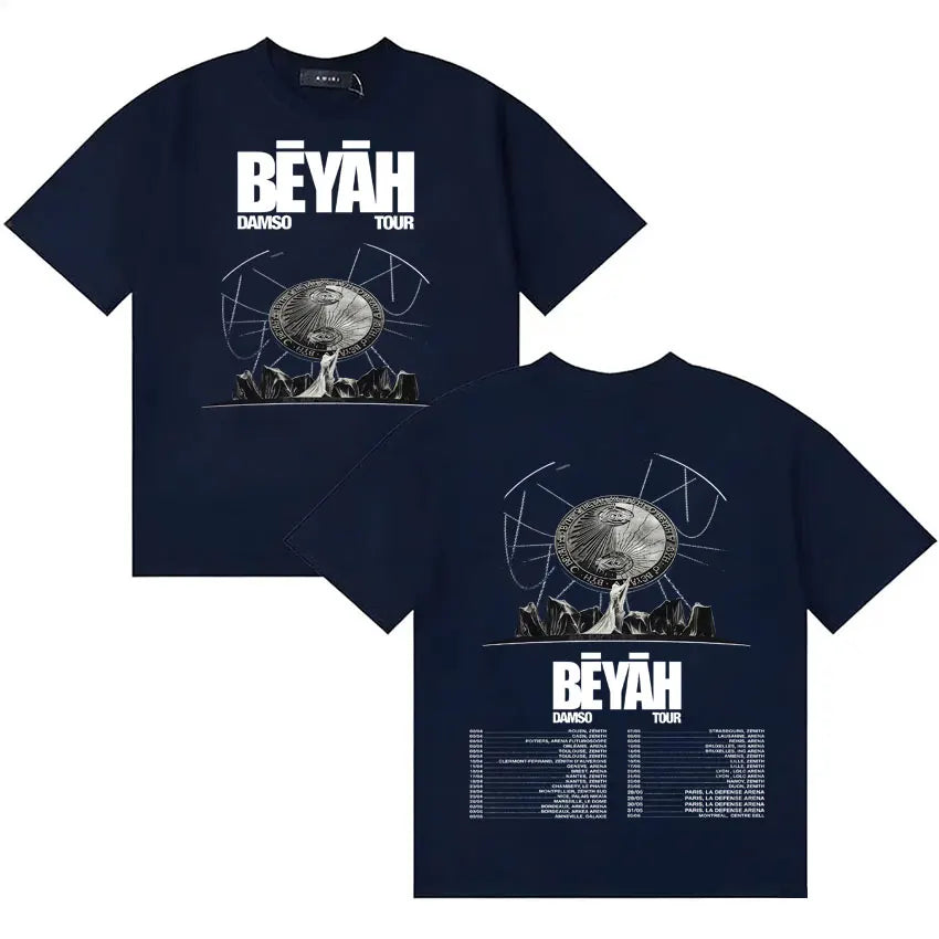 Navy blue cozy cotton y2k oversized hip hop t shirt with white singer damso trendy album tour graphic on back side