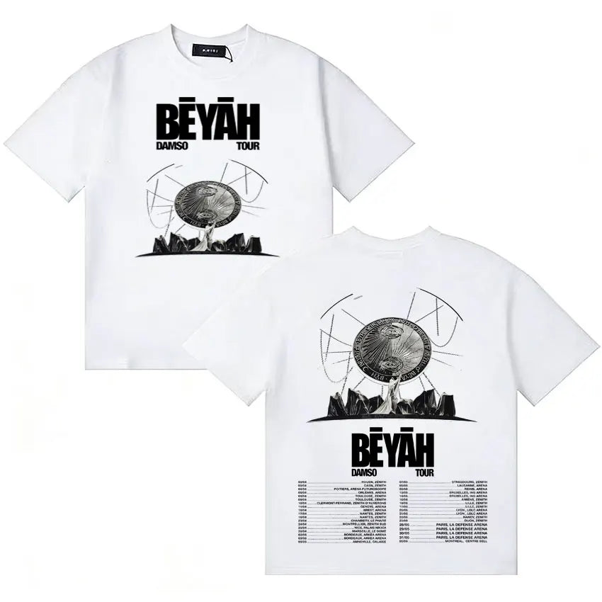 White cotton oversized hip hop t shirt featuring black béyàh damso tour graphic and schedule on the back cozy cotton y2k