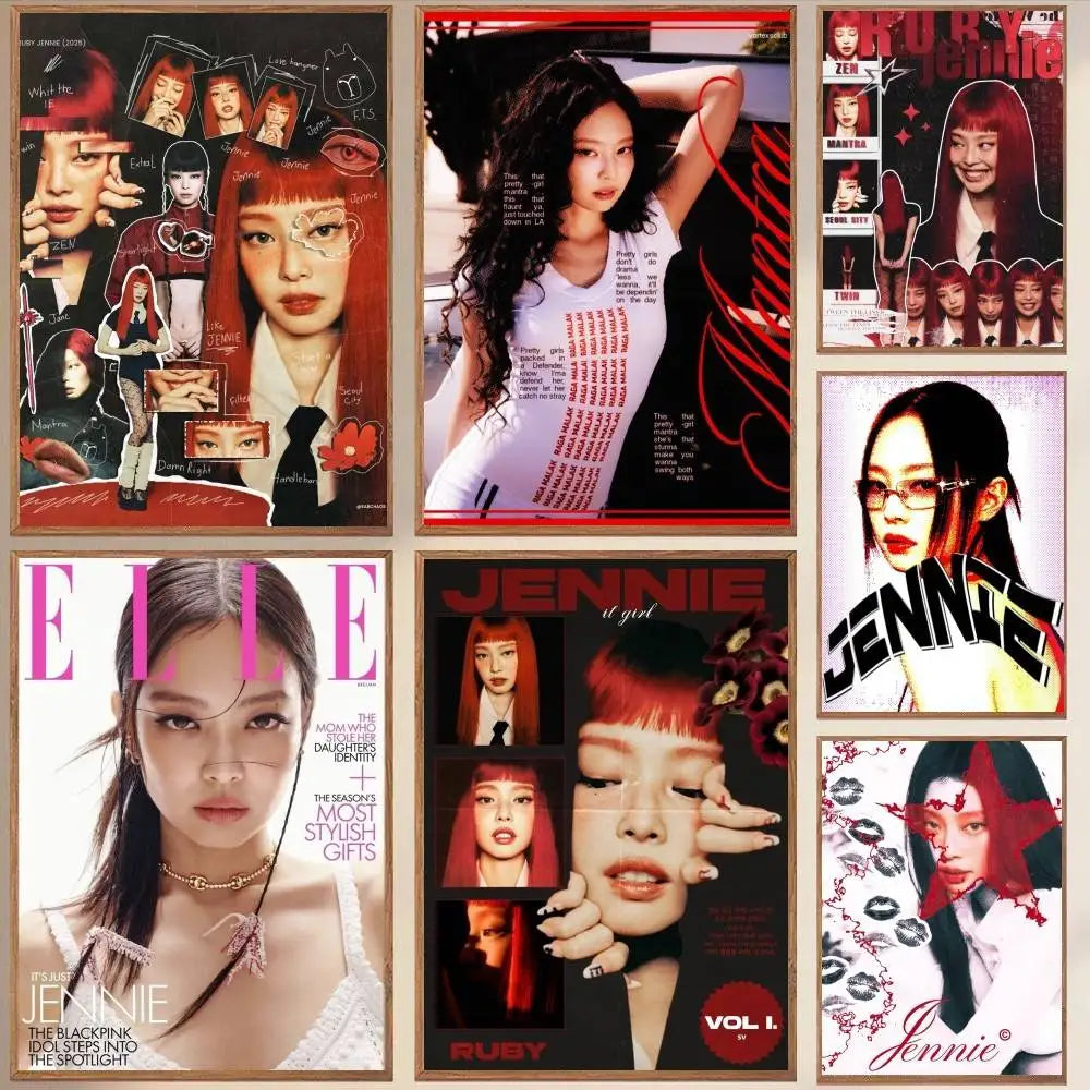 A collage of six framed jennie blackpink posters with vibrant reds blacks and whites ruby album retro wall art decor