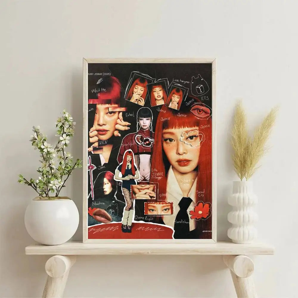 A framed retro poster of singer Jennie with vibrant red hair and bold makeup for home or e-sports room decor