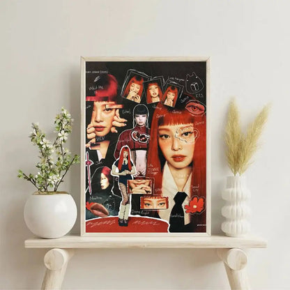 A framed retro poster of singer Jennie with vibrant red hair and bold makeup for home or e-sports room decor