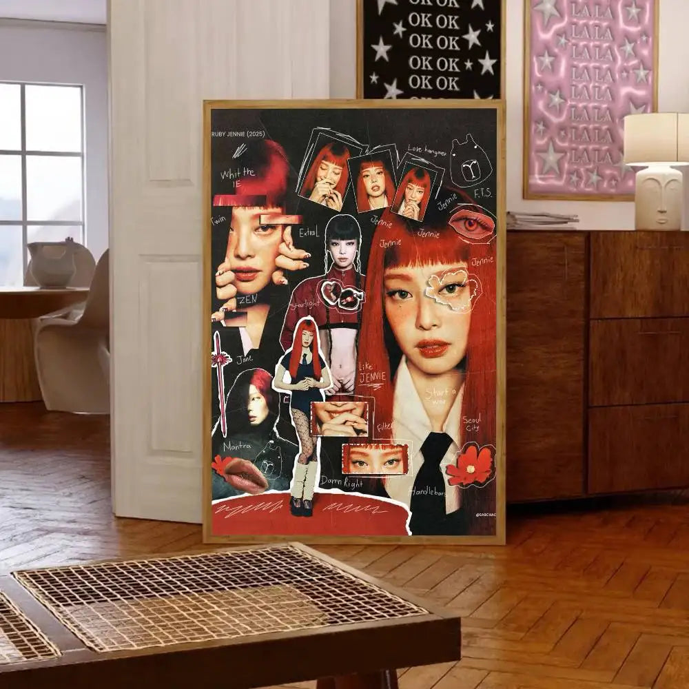 A framed retro poster art print of singer jennie featuring stylized red-haired portraits with bold makeup on black background