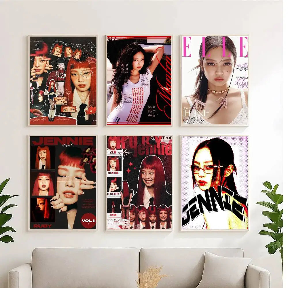 Six framed posters of jennie from blackpink featuring artistic designs and magazine covers for home or e-sports room decor