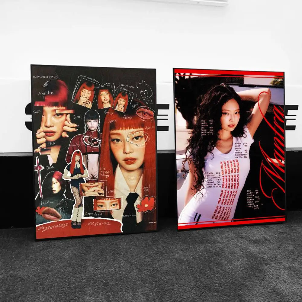 Two framed posters of k-pop singer jennie featuring red hair collage and white outfit with red border for wall decor